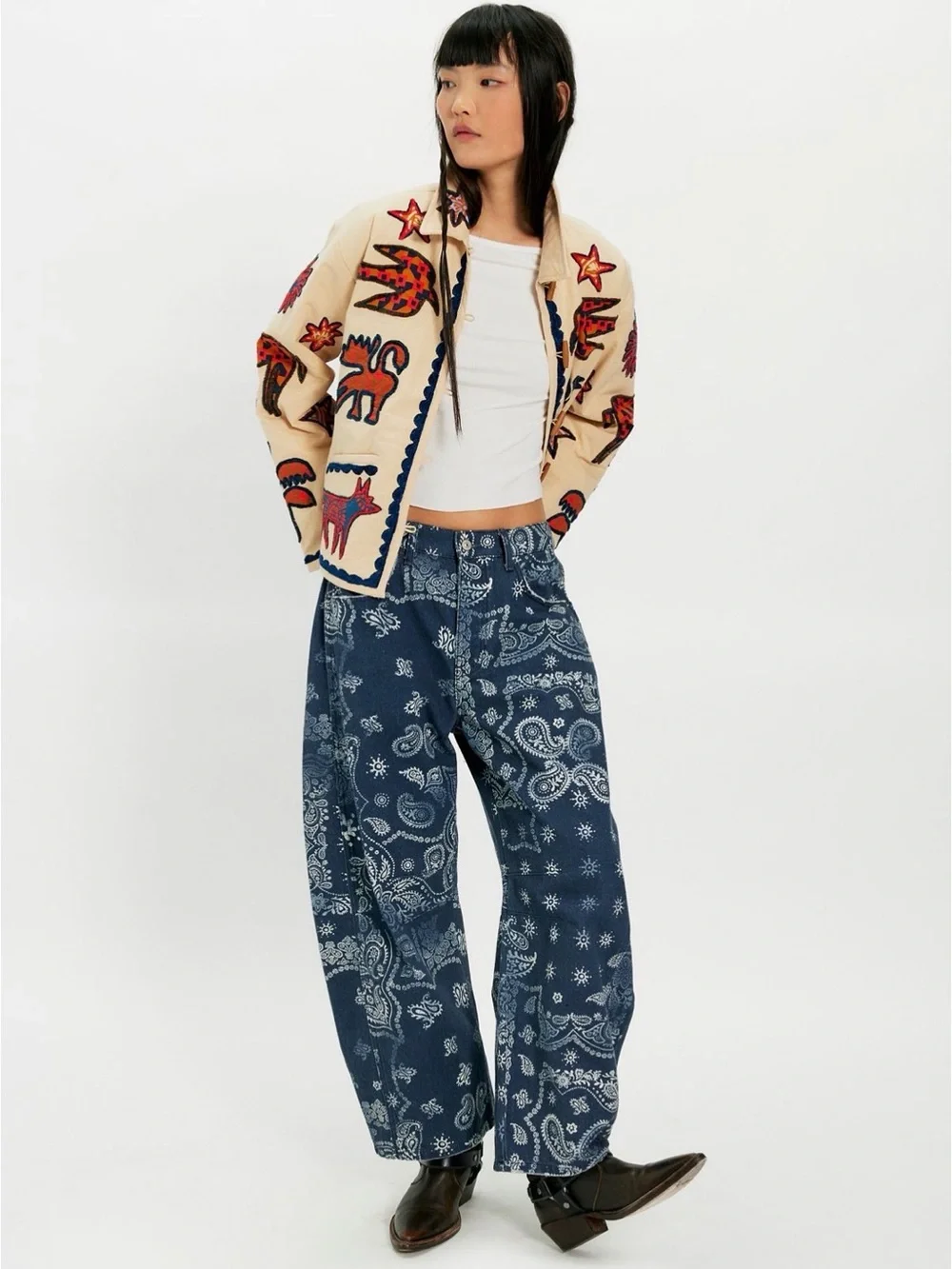 NEW Free People Good Luck Barrel Jeans in Navy Bandana Size 26 MSRP $128 Western